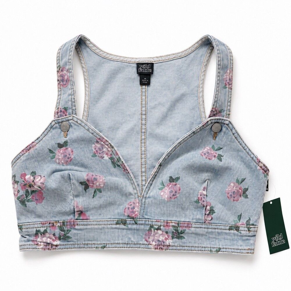 Wild Fable Floral Denim Bralette Crop Top Women’s M Light Wash Pink Roses